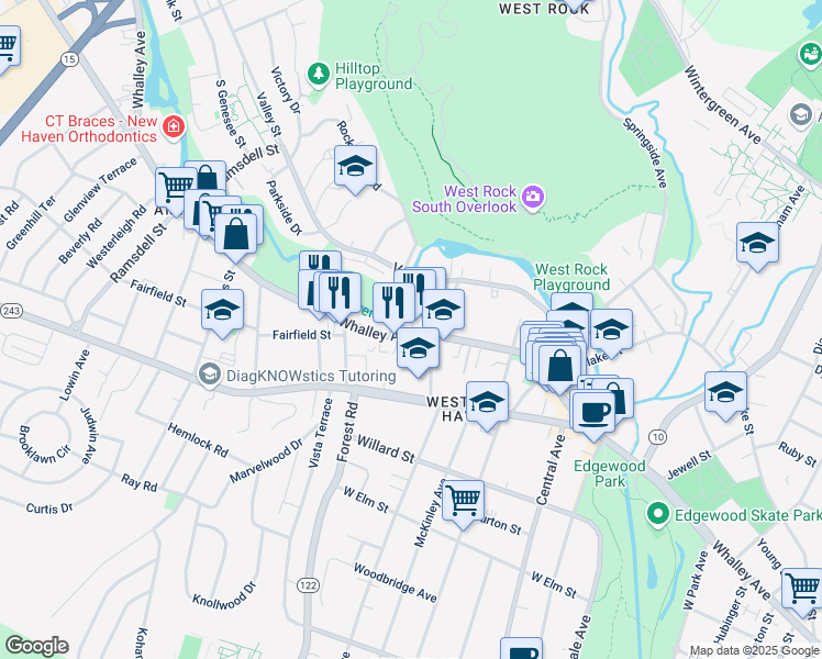 map of restaurants, bars, coffee shops, grocery stores, and more near 1079 Whalley Avenue in New Haven
