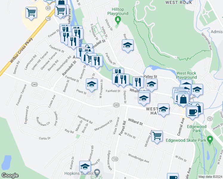 map of restaurants, bars, coffee shops, grocery stores, and more near 1206 Whalley Avenue in New Haven
