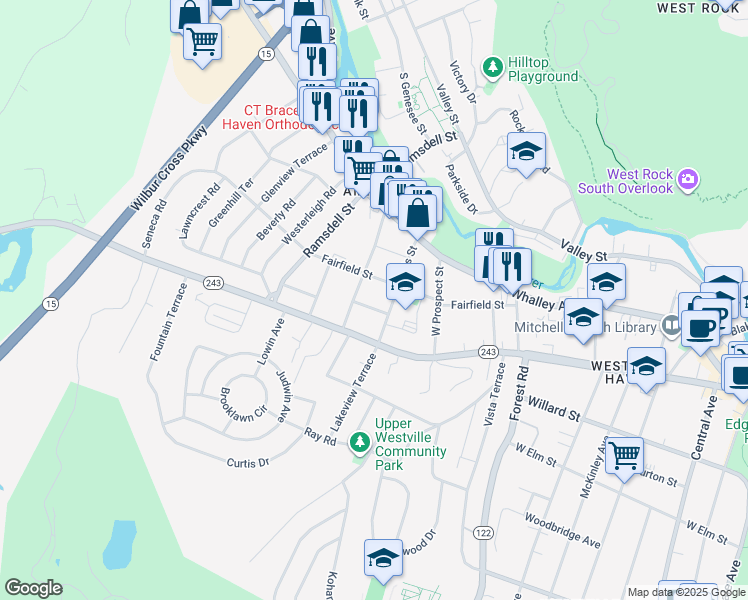 map of restaurants, bars, coffee shops, grocery stores, and more near 47 Anthony Street in New Haven