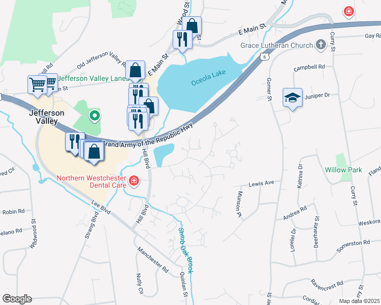 map of restaurants, bars, coffee shops, grocery stores, and more near 146 Flintlock Way in Yorktown Heights