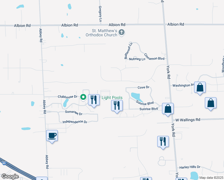 map of restaurants, bars, coffee shops, grocery stores, and more near 10561 Bentley Drive in North Royalton