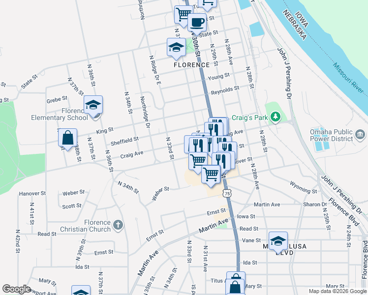 map of restaurants, bars, coffee shops, grocery stores, and more near 3116 Craig Avenue in Omaha