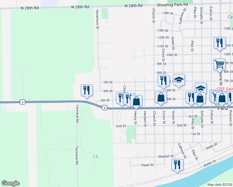 map of restaurants, bars, coffee shops, grocery stores, and more near 2819 6th Street in Peru