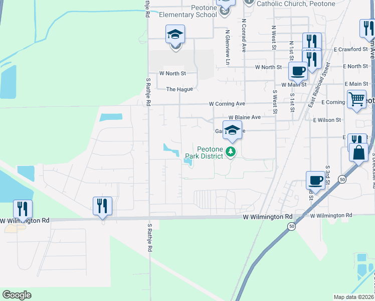 map of restaurants, bars, coffee shops, grocery stores, and more near 431 South Hans Brinker Drive in Peotone