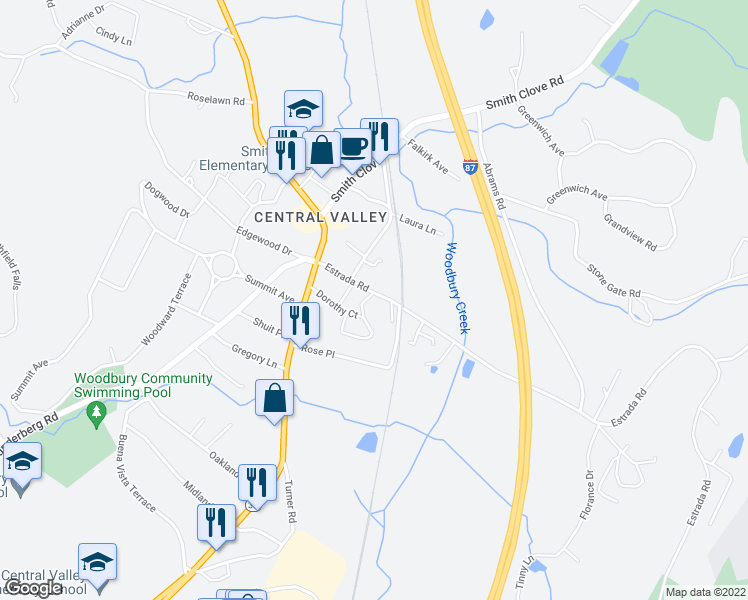 map of restaurants, bars, coffee shops, grocery stores, and more near 32 Estrada Road in Woodbury