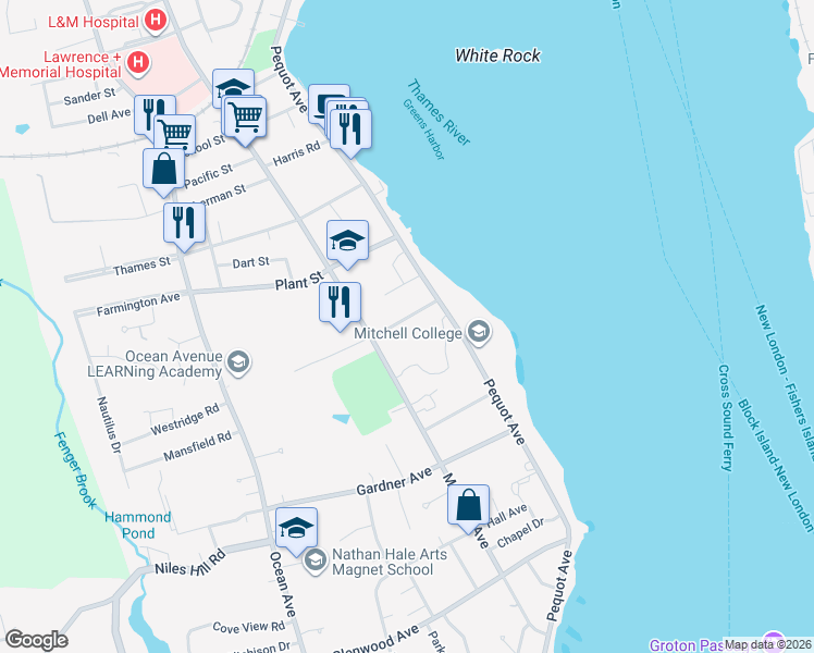 map of restaurants, bars, coffee shops, grocery stores, and more near 16 Granada Terrace in New London