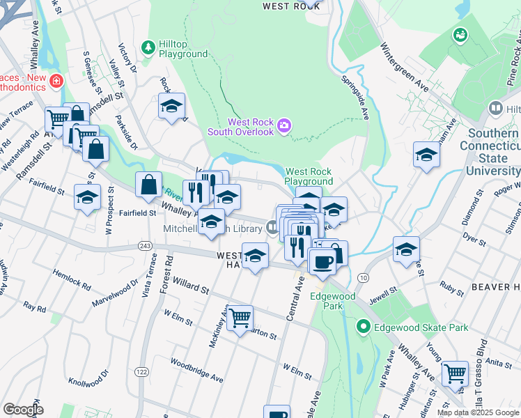 map of restaurants, bars, coffee shops, grocery stores, and more near 1003 Whalley Avenue in New Haven