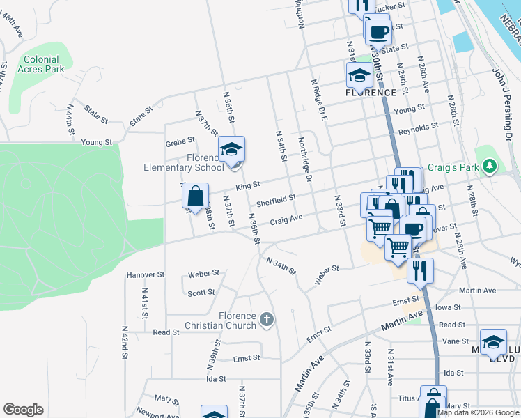 map of restaurants, bars, coffee shops, grocery stores, and more near 3432 Sheffield Street in Omaha