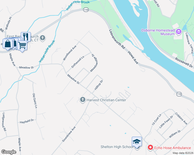 map of restaurants, bars, coffee shops, grocery stores, and more near 40 Hilltop Drive in Shelton