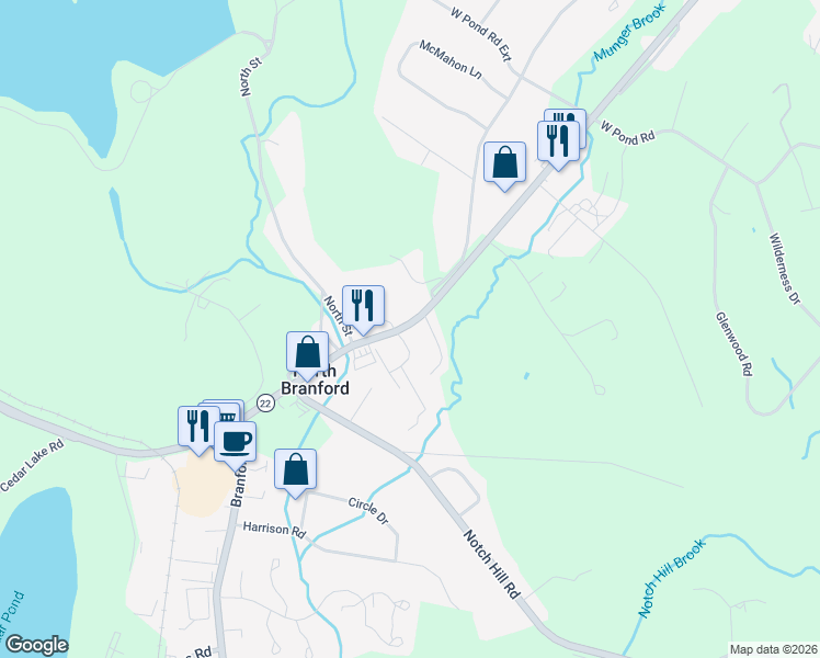 map of restaurants, bars, coffee shops, grocery stores, and more near 1765 Foxon Road in North Branford