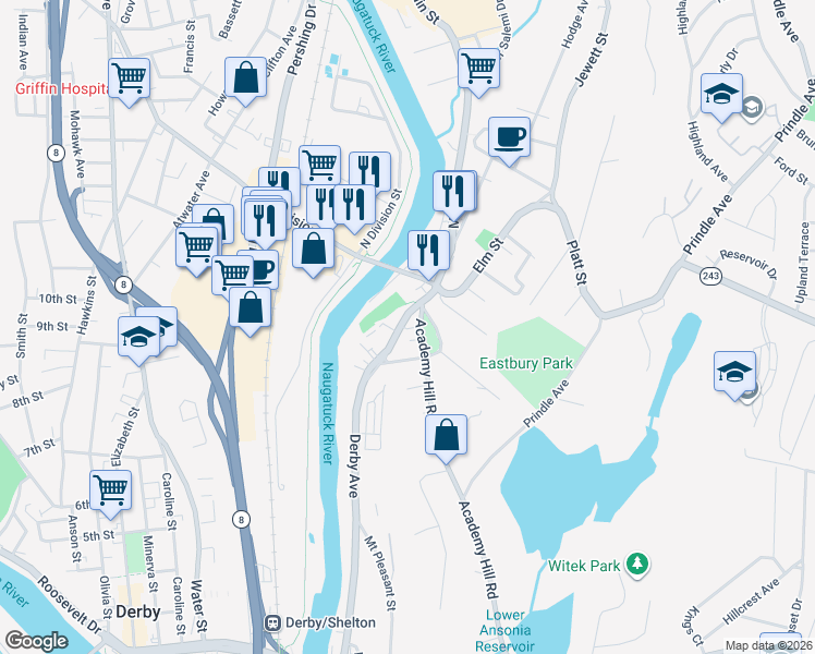 map of restaurants, bars, coffee shops, grocery stores, and more near 346 Derby Avenue in Derby