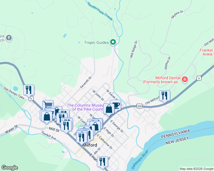 map of restaurants, bars, coffee shops, grocery stores, and more near 800 6th Street in Milford