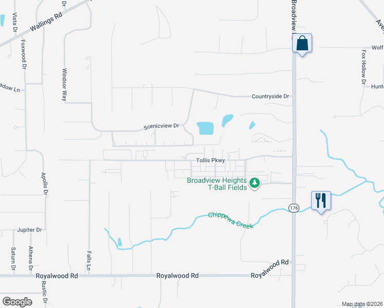 map of restaurants, bars, coffee shops, grocery stores, and more near 8607 Scenicview Drive in Broadview Heights