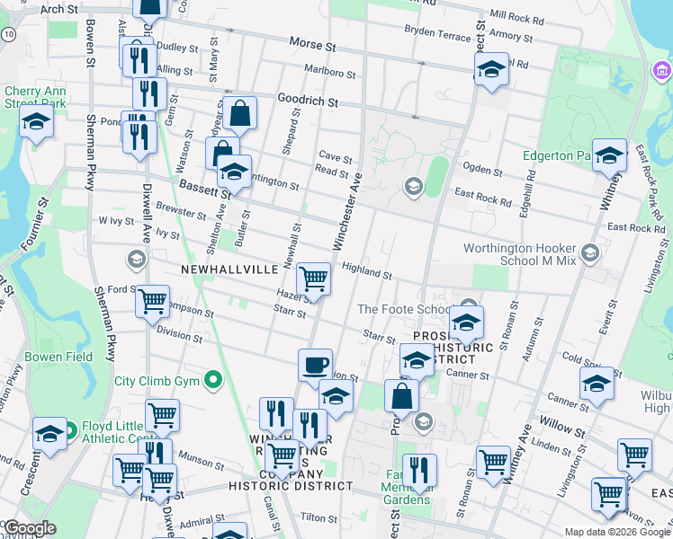 map of restaurants, bars, coffee shops, grocery stores, and more near 287 Highland Street in New Haven