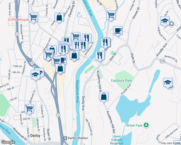 map of restaurants, bars, coffee shops, grocery stores, and more near 346 Derby Avenue in Derby