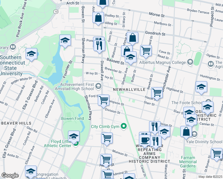 map of restaurants, bars, coffee shops, grocery stores, and more near 178 Hazel Street in New Haven