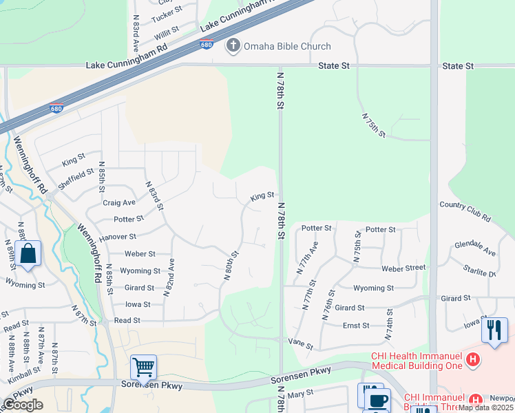 map of restaurants, bars, coffee shops, grocery stores, and more near 7827 King Street in Omaha