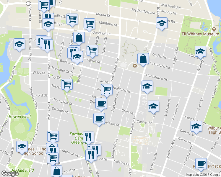 map of restaurants, bars, coffee shops, grocery stores, and more near 287 Highland Street in New Haven