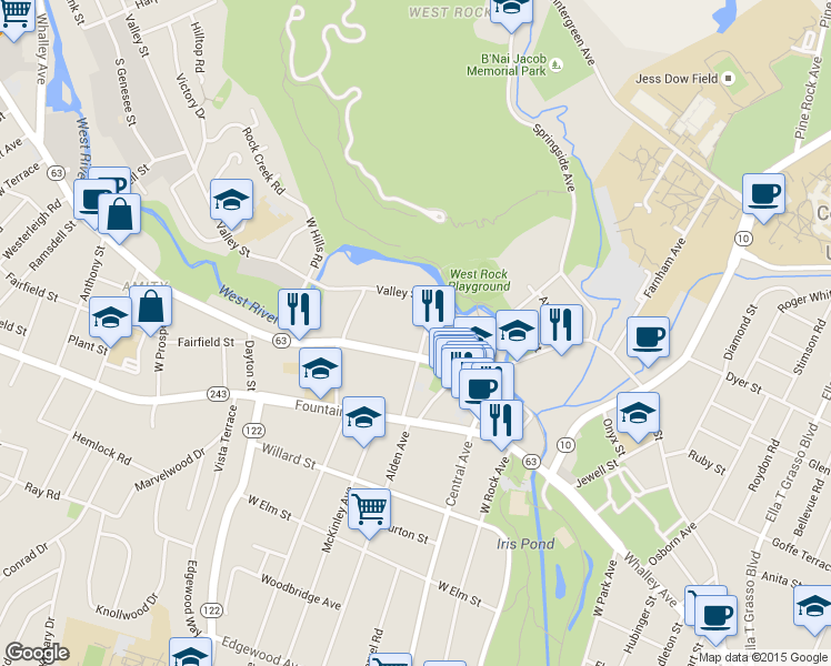 map of restaurants, bars, coffee shops, grocery stores, and more near 105 Harrison Street in New Haven
