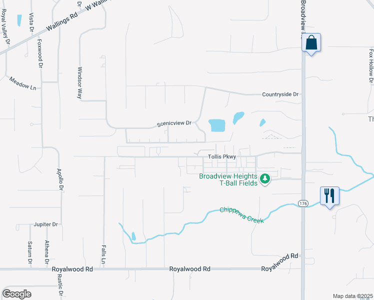 map of restaurants, bars, coffee shops, grocery stores, and more near 900 Tollis Parkway in Broadview Heights