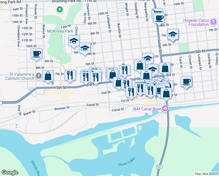 map of restaurants, bars, coffee shops, grocery stores, and more near 154 3rd Street in LaSalle