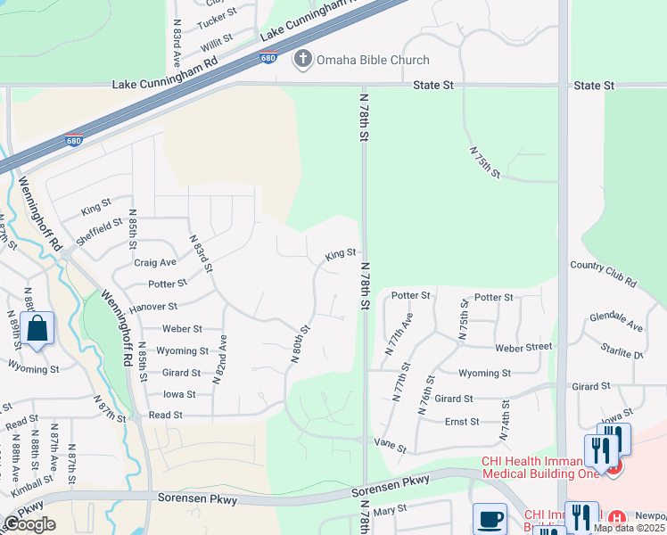 map of restaurants, bars, coffee shops, grocery stores, and more near 7827 King Street in Omaha