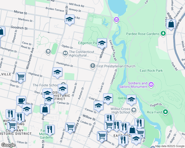 map of restaurants, bars, coffee shops, grocery stores, and more near 682 Whitney Avenue in New Haven