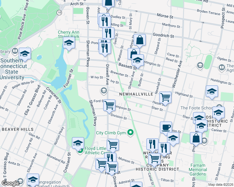 map of restaurants, bars, coffee shops, grocery stores, and more near 182 Hazel Street in New Haven