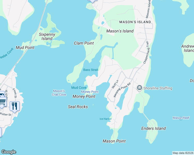 map of restaurants, bars, coffee shops, grocery stores, and more near 28 Money Point Road in Stonington