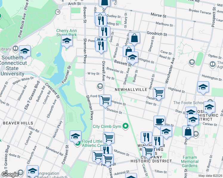 map of restaurants, bars, coffee shops, grocery stores, and more near 201 Hazel Street in New Haven