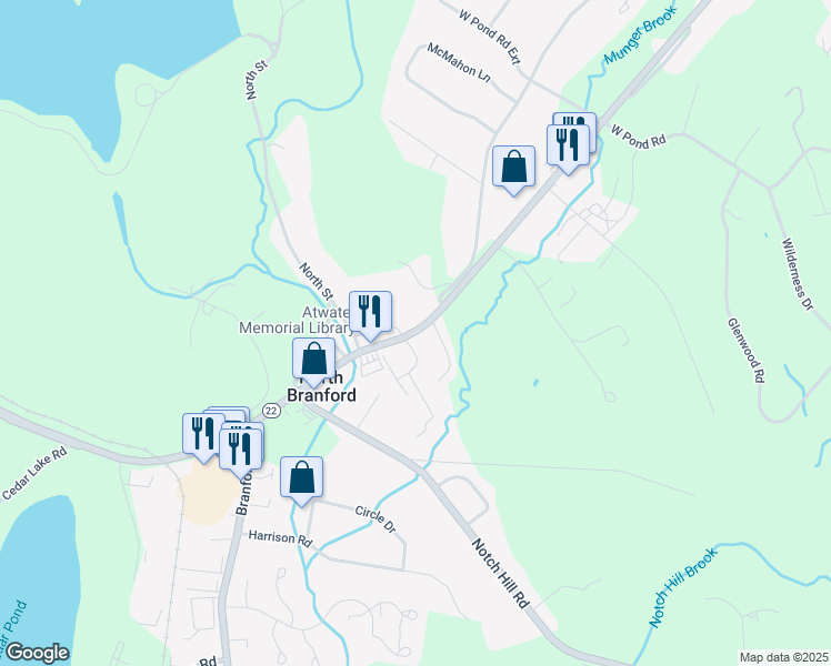 map of restaurants, bars, coffee shops, grocery stores, and more near 1765 Foxon Road in North Branford