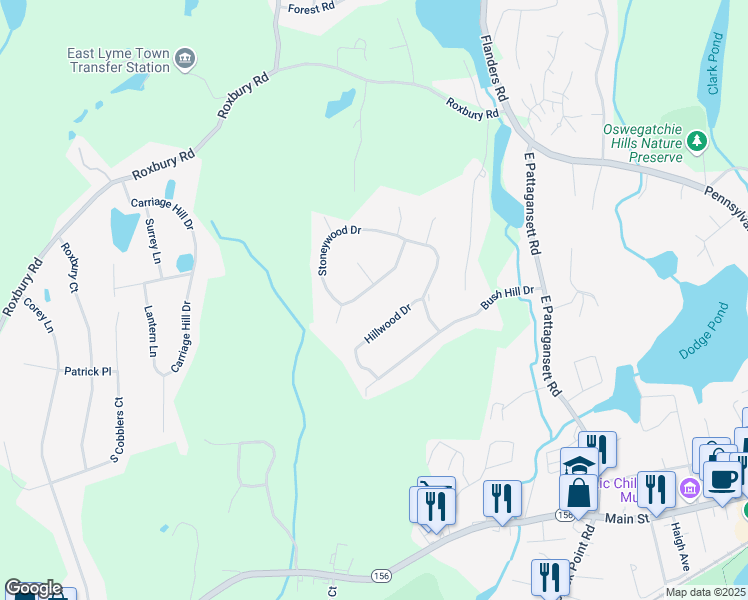 map of restaurants, bars, coffee shops, grocery stores, and more near 65 Stoneywood Drive in East Lyme