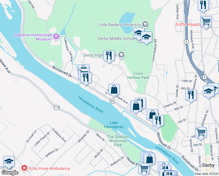 map of restaurants, bars, coffee shops, grocery stores, and more near 16 E Street in Derby