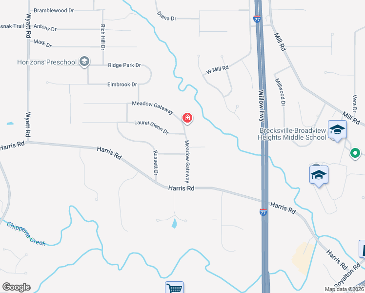 map of restaurants, bars, coffee shops, grocery stores, and more near 4125 Meadow Gateway in Broadview Heights