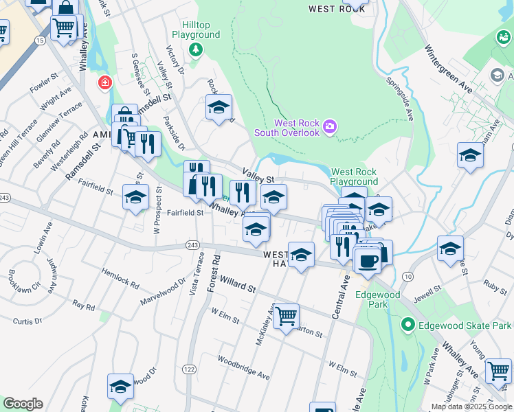 map of restaurants, bars, coffee shops, grocery stores, and more near 1079 Whalley Avenue in New Haven