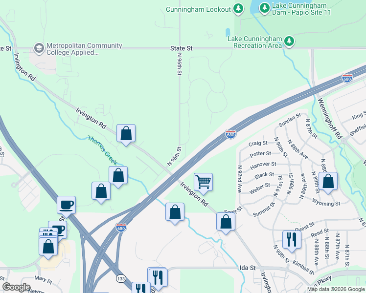 map of restaurants, bars, coffee shops, grocery stores, and more near 7612 North 96th Street in Omaha