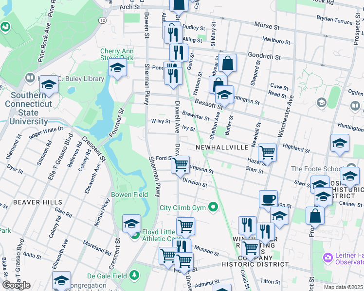 map of restaurants, bars, coffee shops, grocery stores, and more near 201 Hazel Street in New Haven