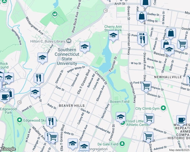 map of restaurants, bars, coffee shops, grocery stores, and more near 360 Crescent Street in New Haven