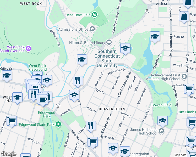 map of restaurants, bars, coffee shops, grocery stores, and more near 172 Diamond Street in New Haven