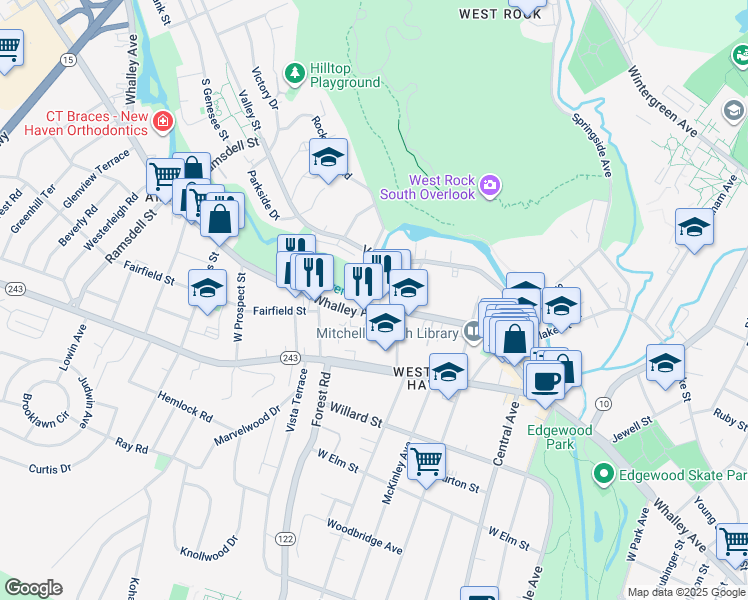 map of restaurants, bars, coffee shops, grocery stores, and more near 1079 Whalley Avenue in New Haven