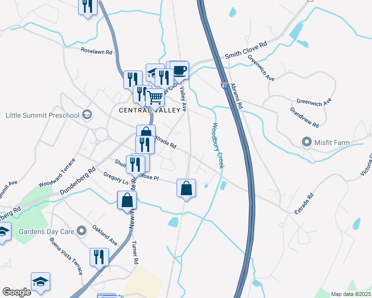 map of restaurants, bars, coffee shops, grocery stores, and more near 37 Estrada Road in Woodbury