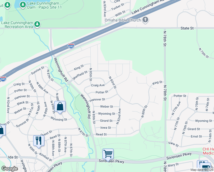 map of restaurants, bars, coffee shops, grocery stores, and more near 8315 Craig Avenue in Omaha