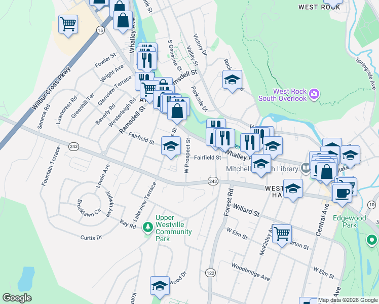 map of restaurants, bars, coffee shops, grocery stores, and more near 88 West Prospect Street in New Haven