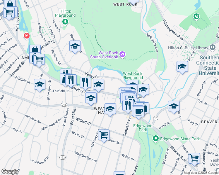 map of restaurants, bars, coffee shops, grocery stores, and more near 1003 Whalley Avenue in New Haven