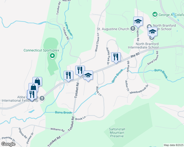 map of restaurants, bars, coffee shops, grocery stores, and more near 335 Foxon Road in North Branford