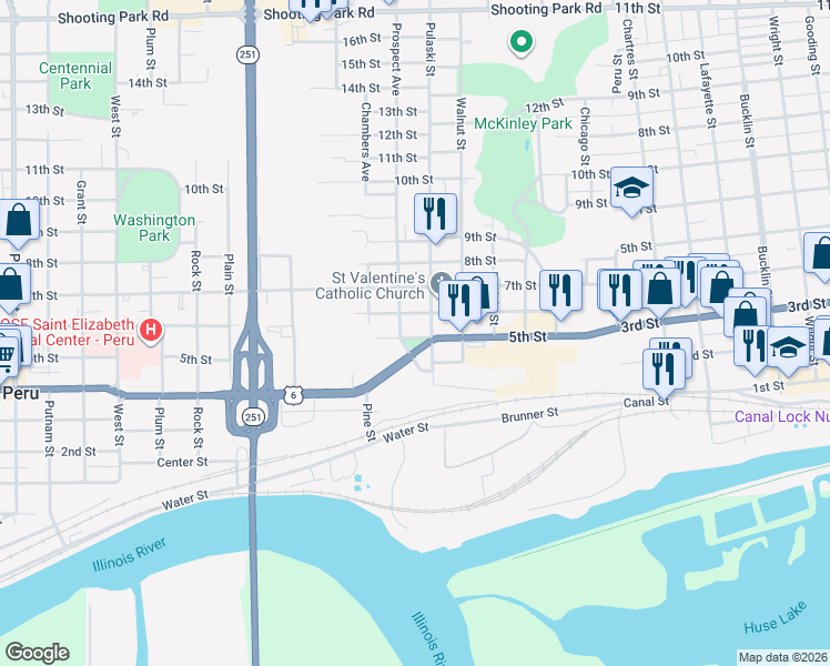 map of restaurants, bars, coffee shops, grocery stores, and more near 615 5th Street in Peru