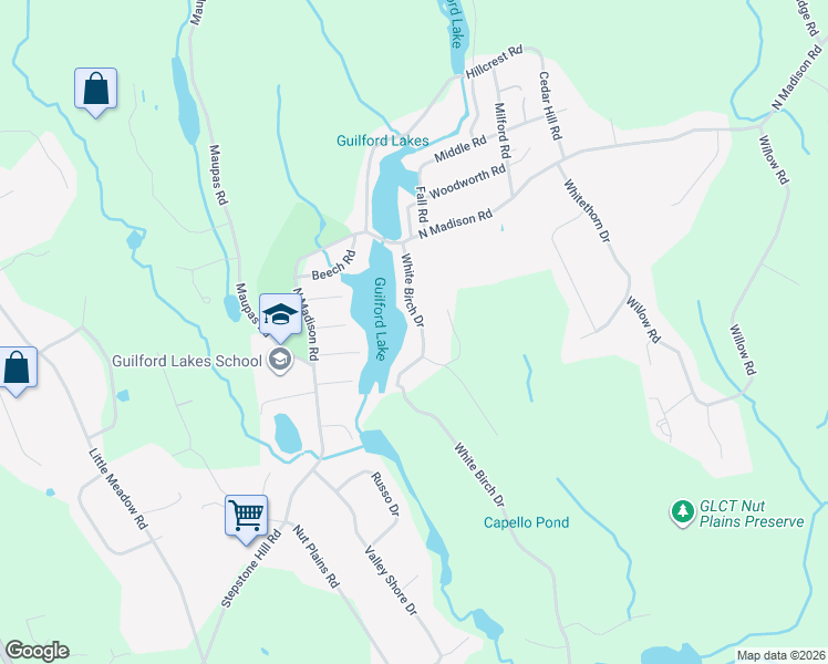 map of restaurants, bars, coffee shops, grocery stores, and more near 97 White Birch Drive in Guilford