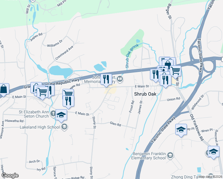 map of restaurants, bars, coffee shops, grocery stores, and more near 1137 East Main Street in Shrub Oak