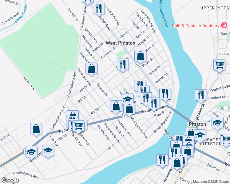 map of restaurants, bars, coffee shops, grocery stores, and more near 320 Montgomery Avenue in Luzerne