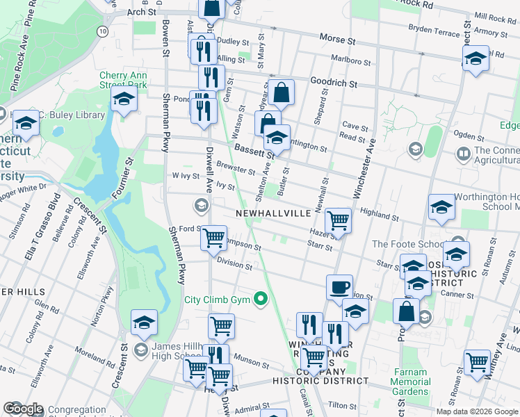 map of restaurants, bars, coffee shops, grocery stores, and more near in New Haven